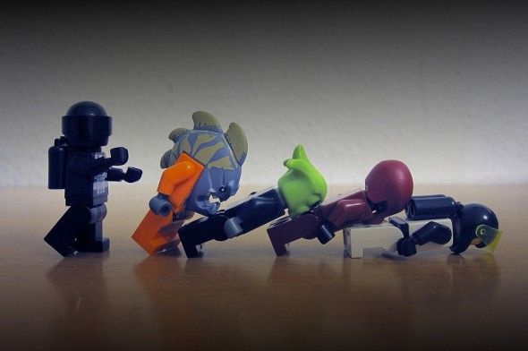Legos fall in a line like dominoes