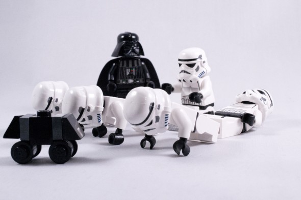 Storm Troopers workout with Darth Vader watching, small exercises