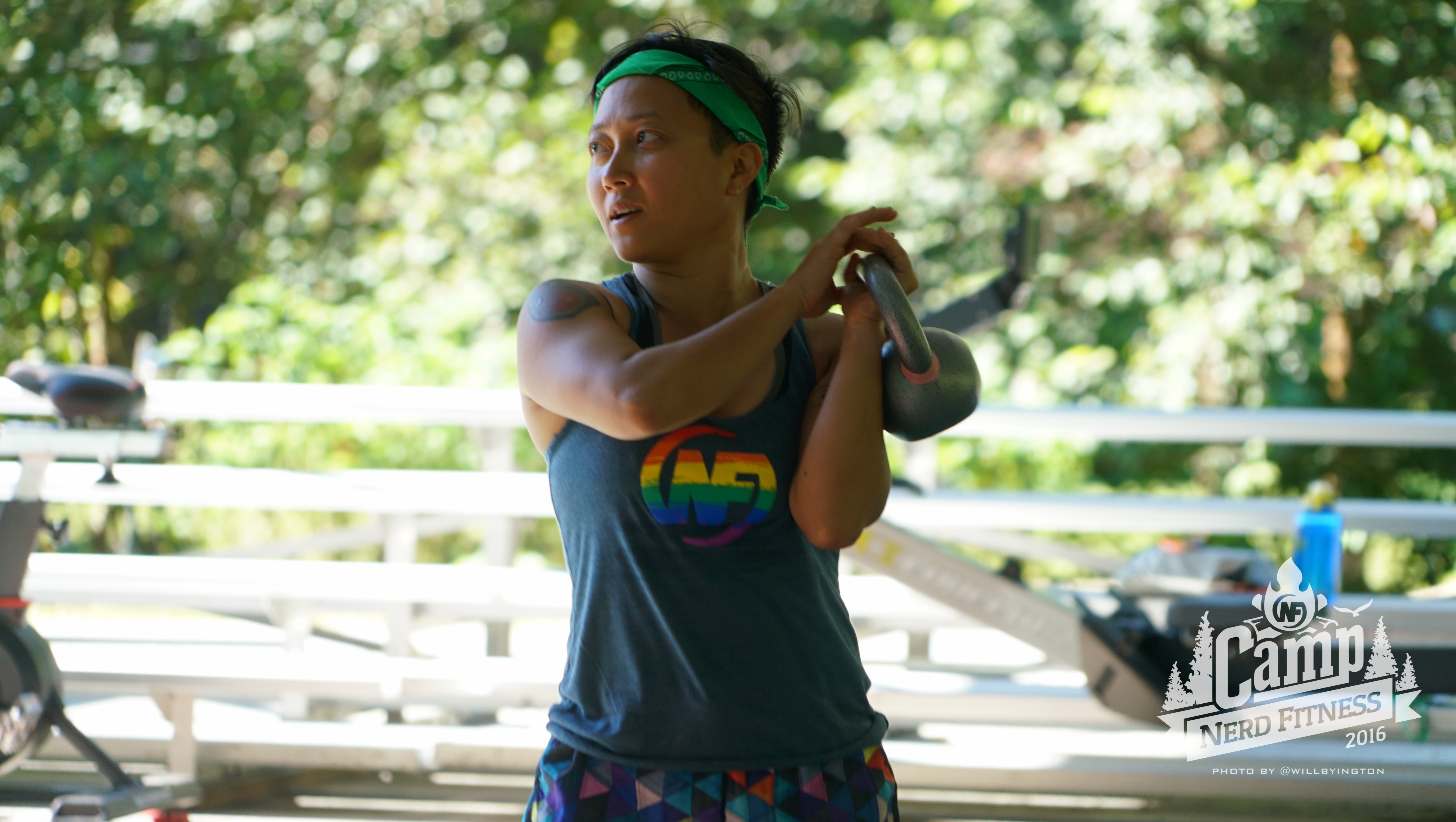 One of the campers from Camp Nerd Fitness with a kettlebell!