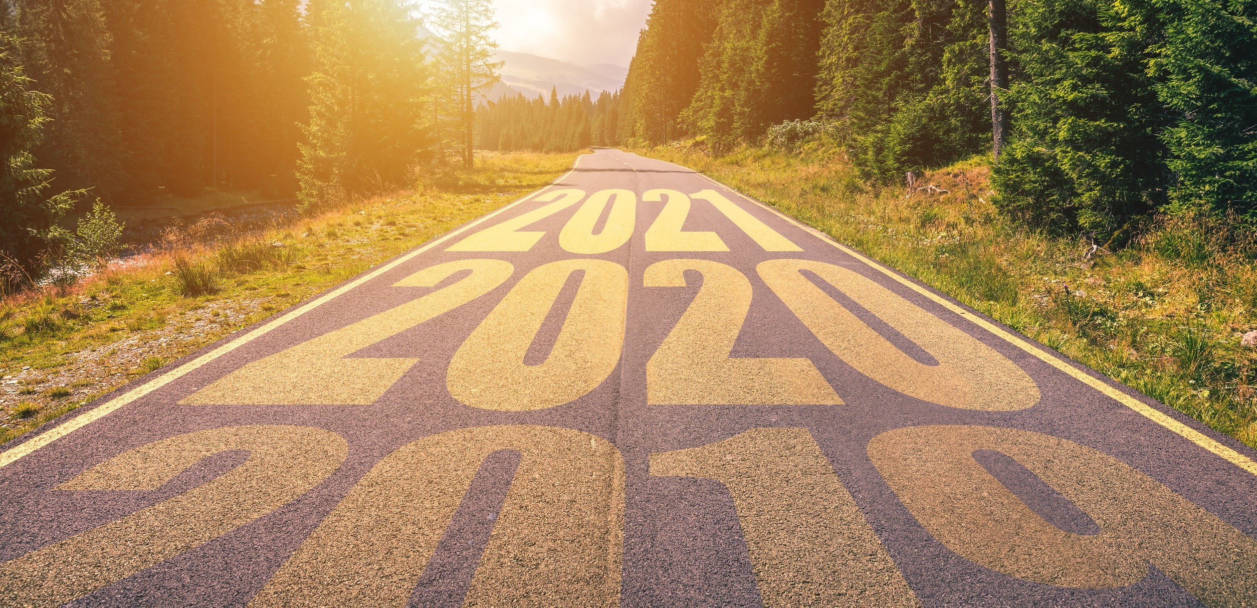 Empty asphalt road and New year 2019, 2020, 2021 concept. Drivin