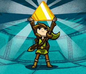 Link using functional fitness to hold up the Triforce.