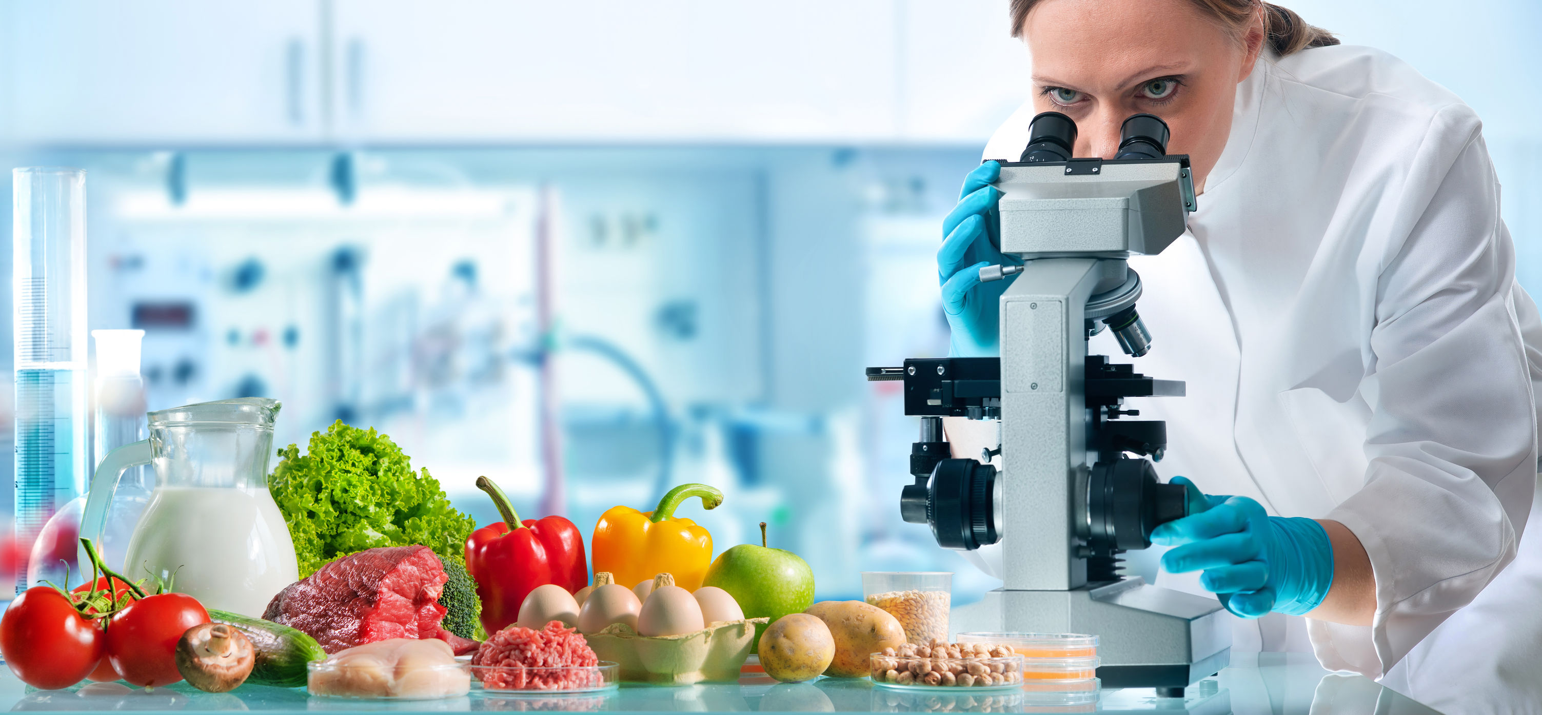Food quality control expert inspecting specimens of groceries in the laboratory