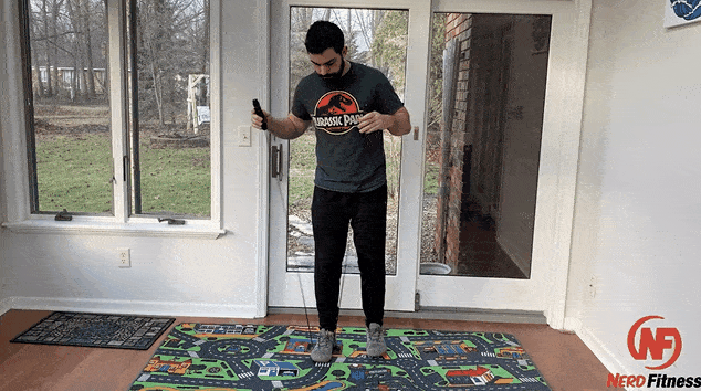 As Coach Matt shows here, you want your jump rope to double up to about your arm pit.