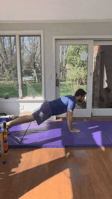 At the top of your push-up, stick your arm out and give the kid a high-five!