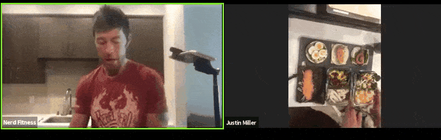 Here Coach Justin holds up his meal, held in a portion control container.