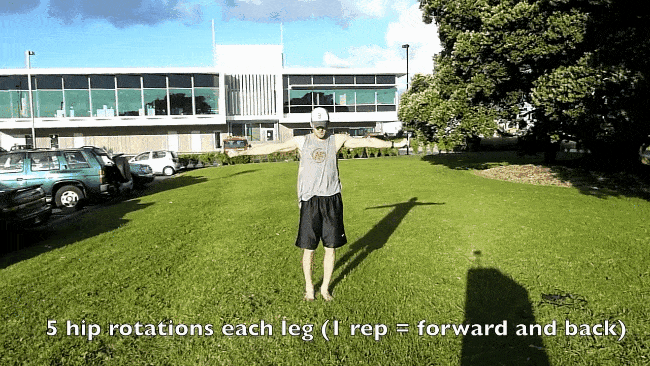 Steve doing hip rotations warm ups