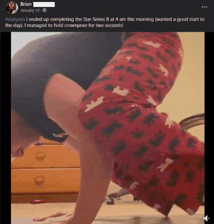 Brian holding crow pose briefly with caption "#dailywin I ended up completing the Star Series B at 4 am this morning (wanted a good start to the day). I managed to hold crownpose for two seconds!"