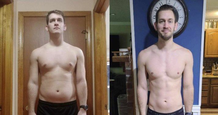 Side by side before and after photos of a Caucasian man, shirtless, front view from waist up. In before photo, he looks nervous, with significant fat on chest and belly, and minimal muscular development. In after photo he is smiling, moderately lean with very little belly fat, and more muscle on chest and shoulders.