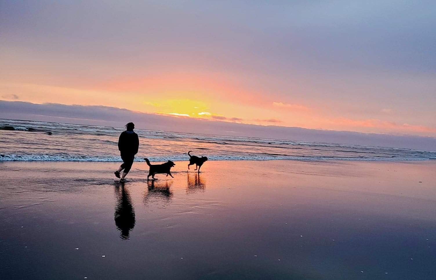 Ranada running on the beach with her two dogs at sunset