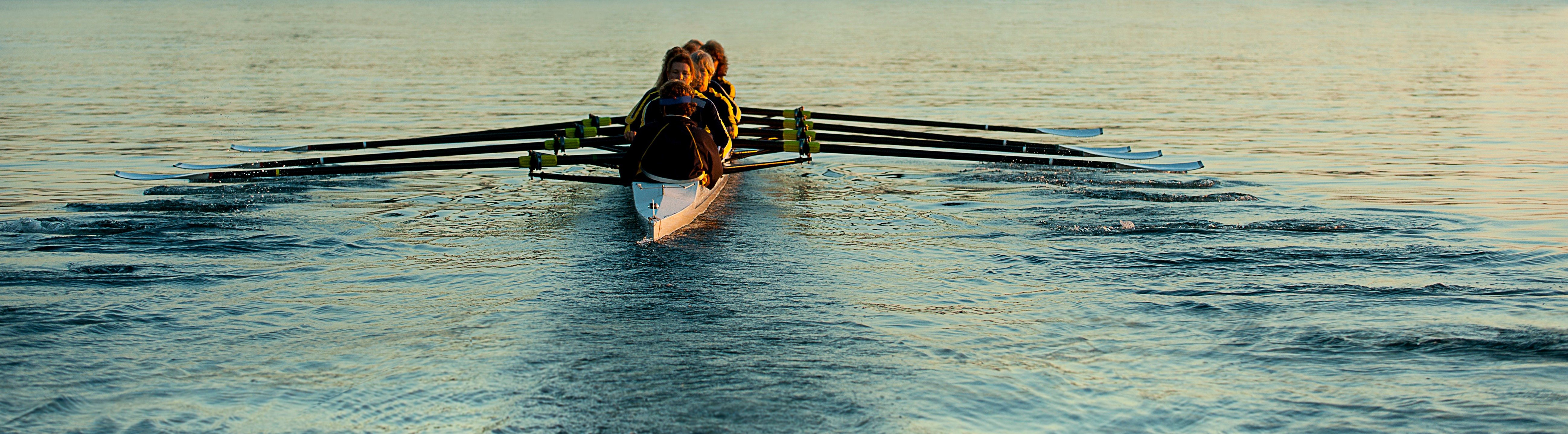 Team rowing boat in bay
