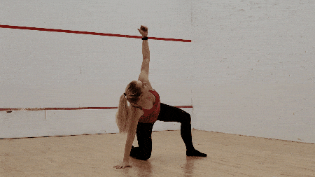 Lift up your body into a kneeling lunge, with one knee up and the other down. Take your time to maintain your balance.