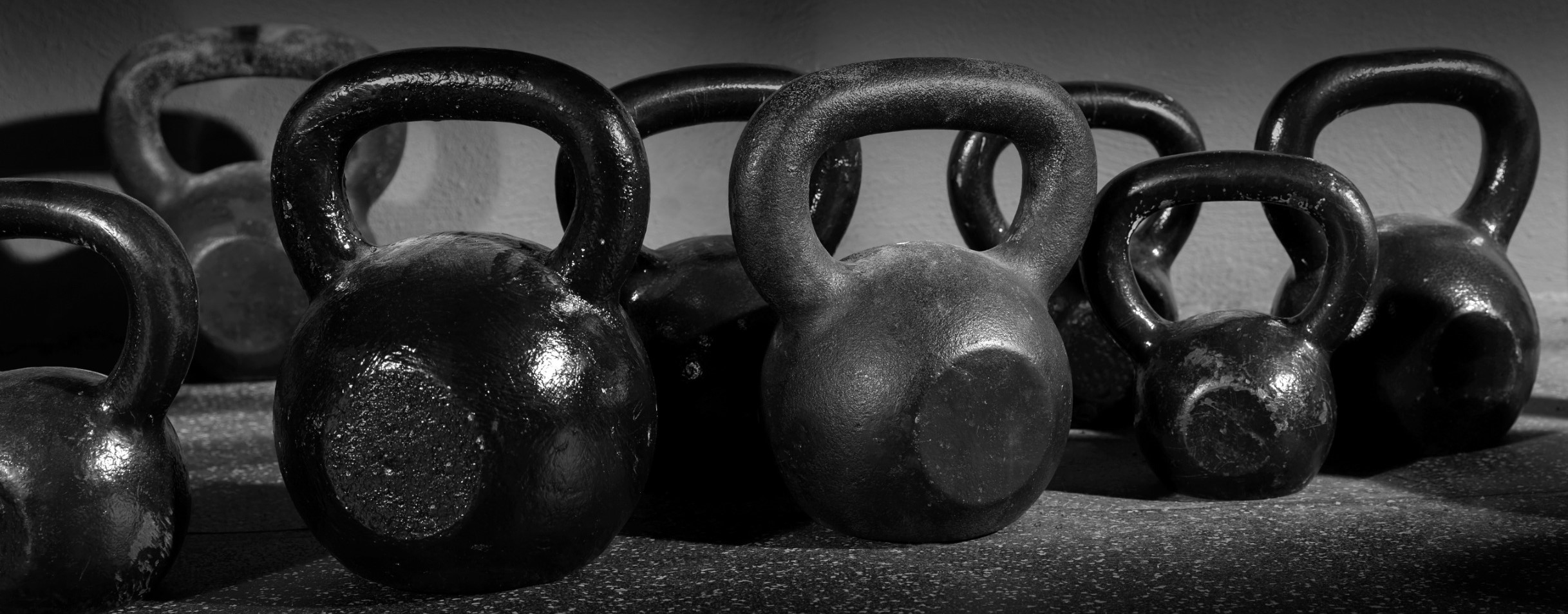 A row of kettlebells